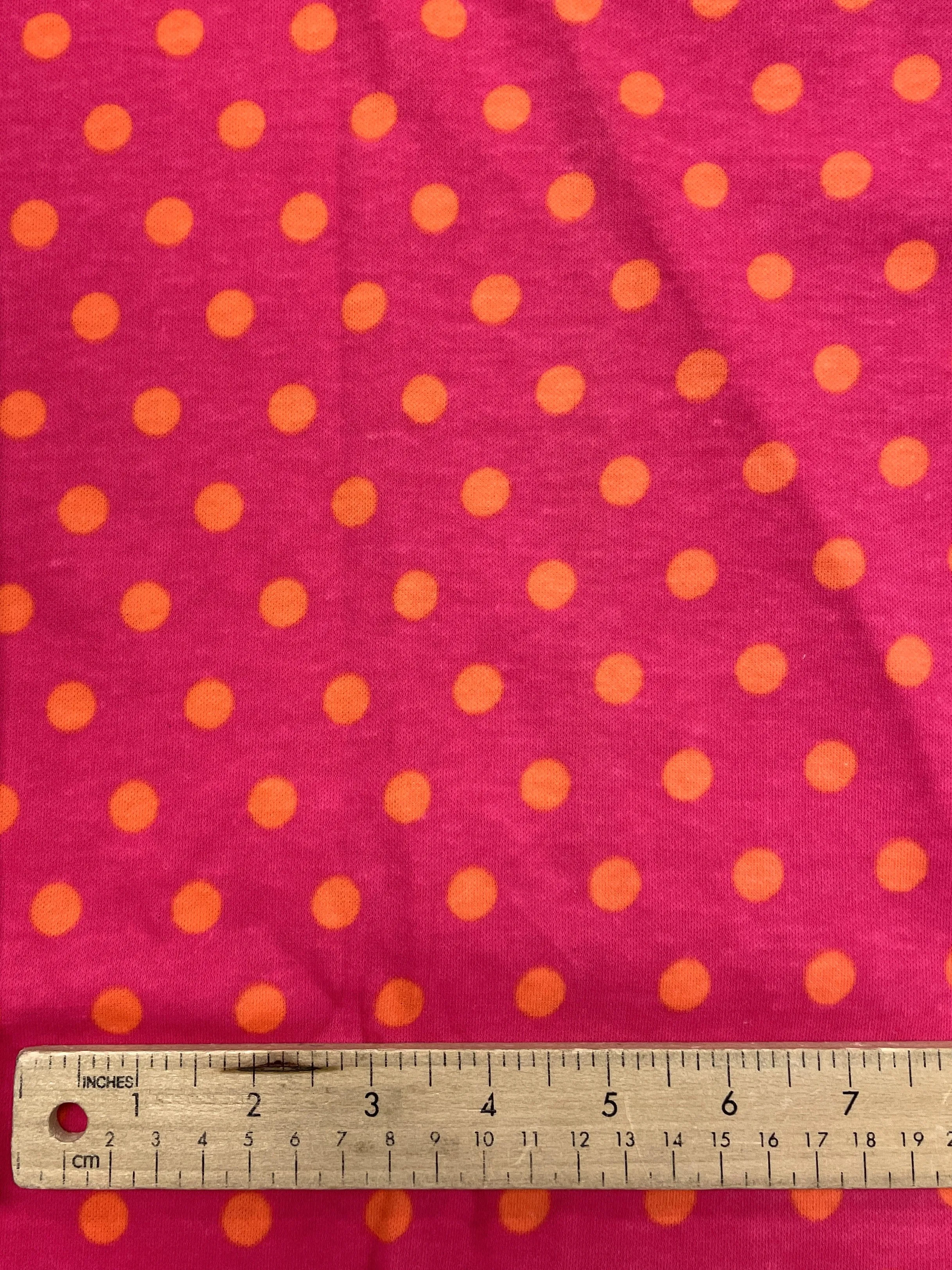 1 1/2 YD Poly/Cotton Knit Vintage - Hot Pink with Orange Polka Dots