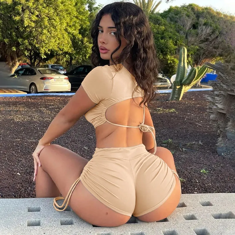 11435 O Neck Short Sleeve Backless High Waist Crop Top Minipants Casual Women'S Sets Biker Sportsuits 2023 Club Clothes