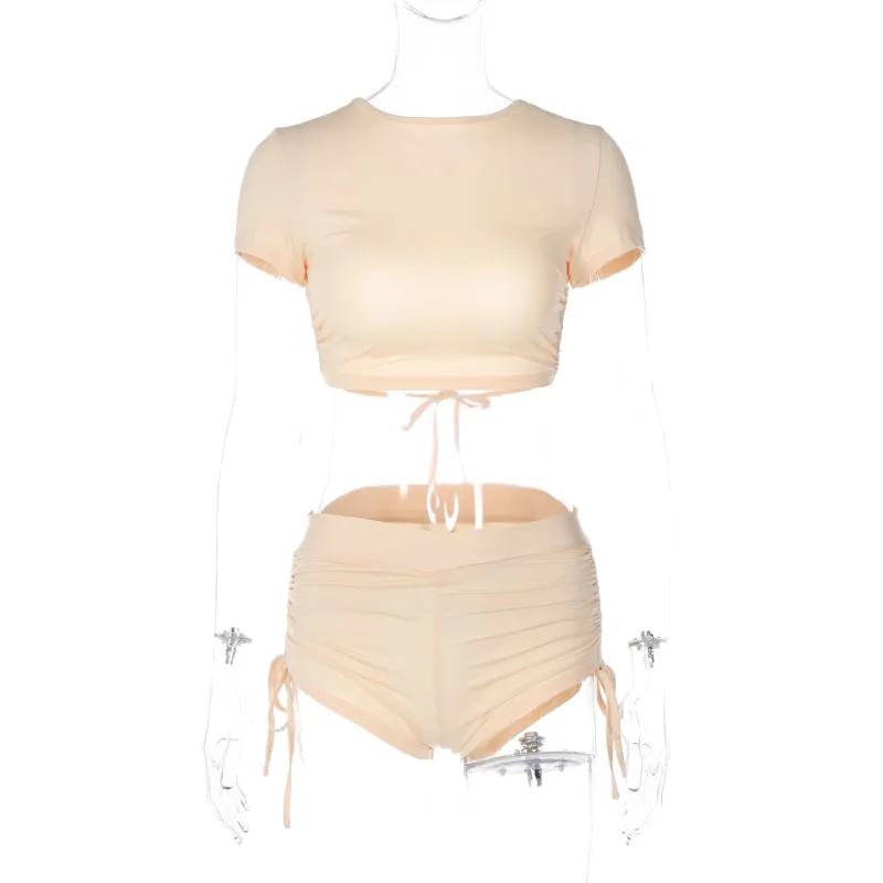 11435 O Neck Short Sleeve Backless High Waist Crop Top Minipants Casual Women'S Sets Biker Sportsuits 2023 Club Clothes