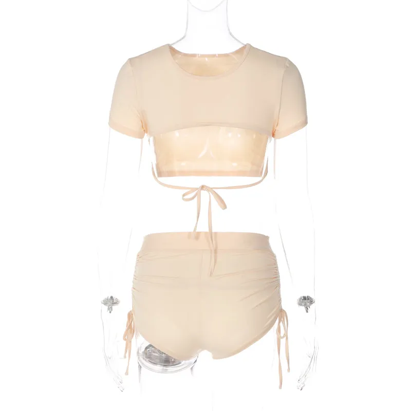 11435 O Neck Short Sleeve Backless High Waist Crop Top Minipants Casual Women'S Sets Biker Sportsuits 2023 Club Clothes