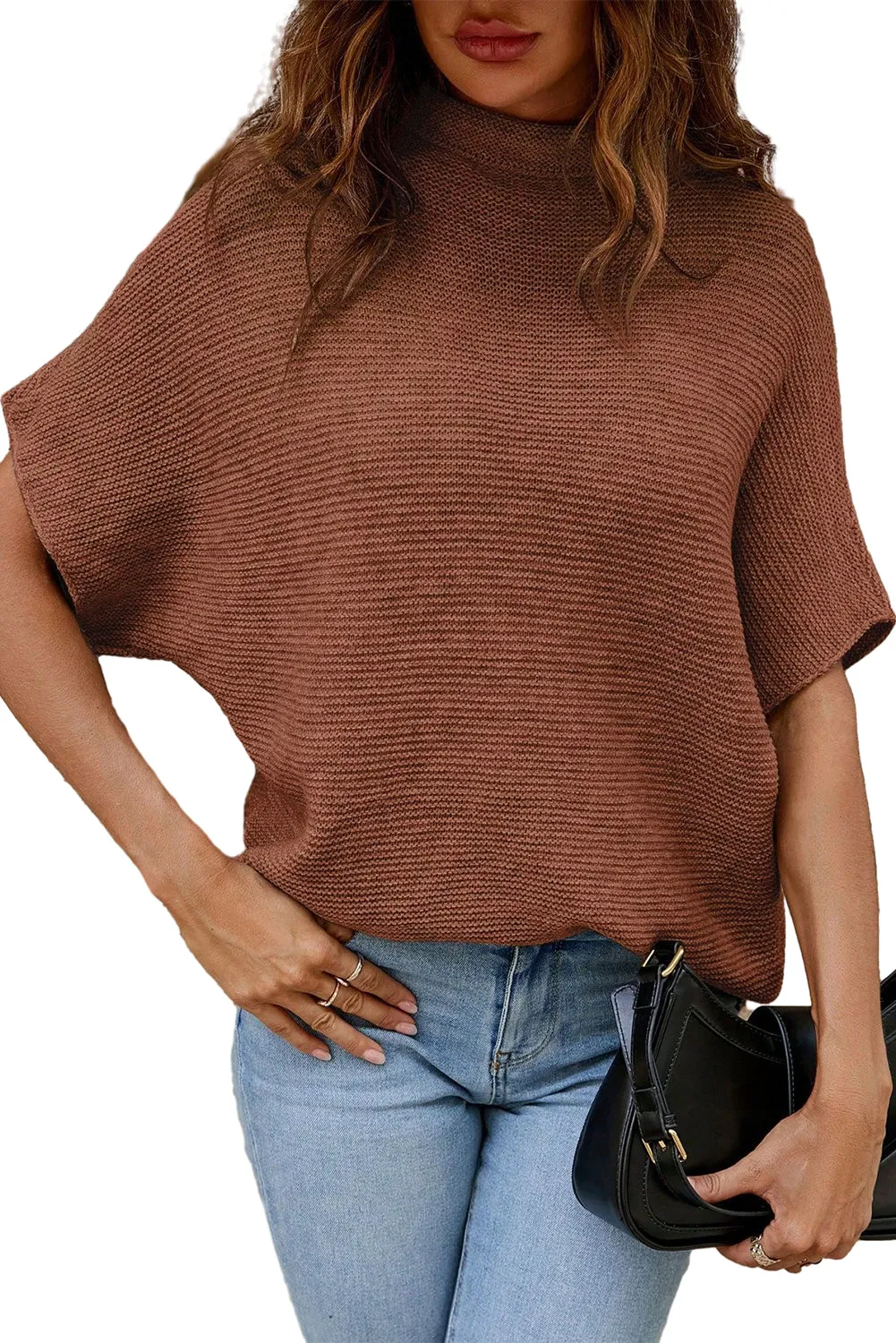 Apricot High Neck Short Bat Sleeve Sweater