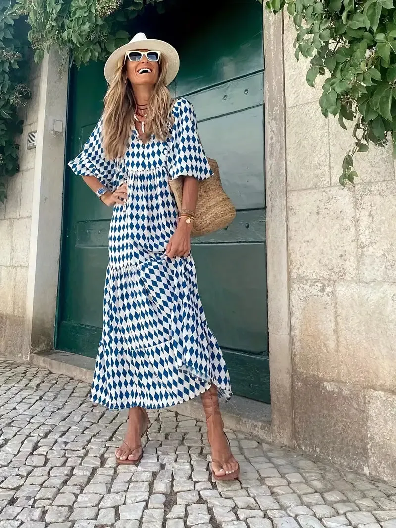 BerryBetty - Blue Long Beach Boho Puff Sleeve Maxi Loose Dress
