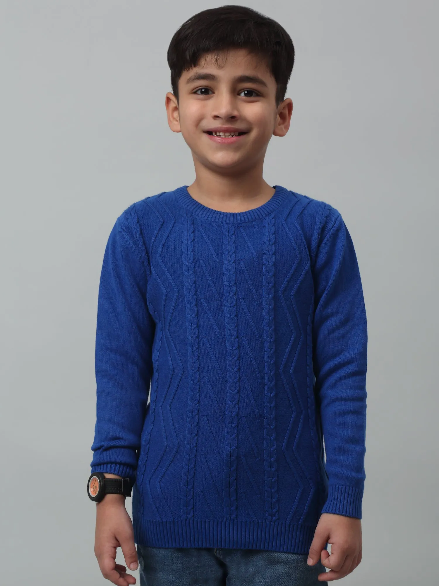 Cantabil Boys Blue Self Design Round Neck Sweater For Winter