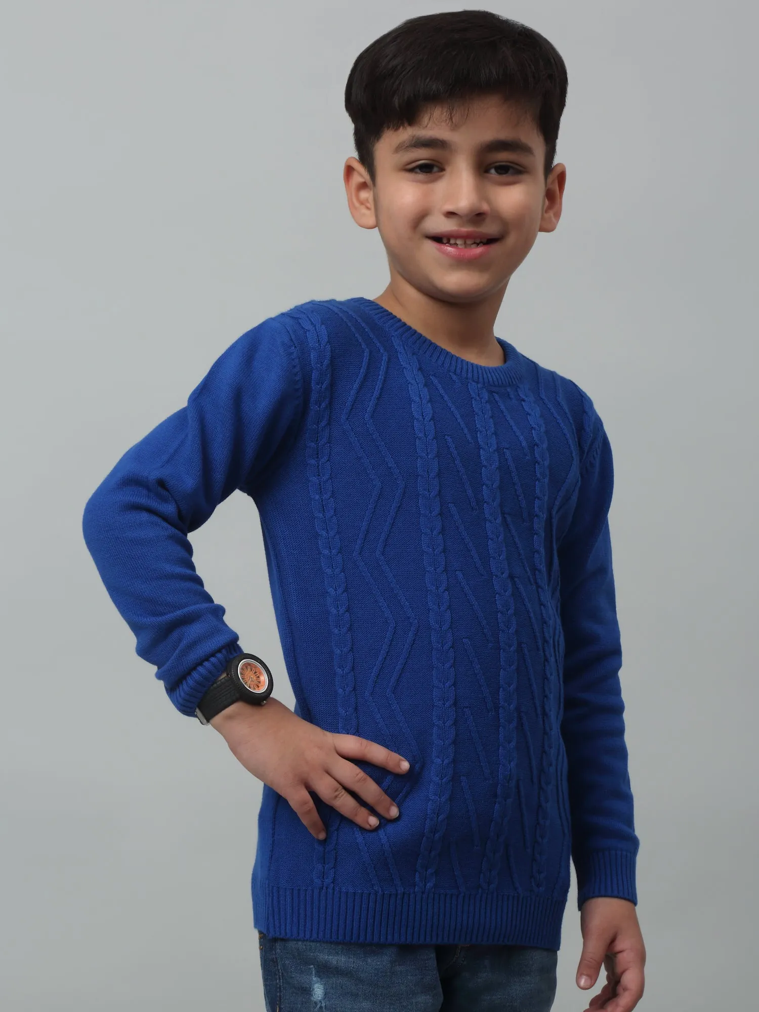 Cantabil Boys Blue Self Design Round Neck Sweater For Winter