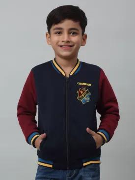 Cantabil Boys Navy Blue Colour Block Mandarin Collar Sweatshirt For Winter
