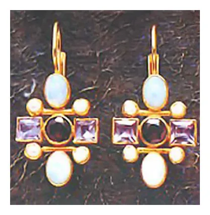 Cellini Cross 14k Gold, Garnet, Amethyst, Opal and Pearl Earrings