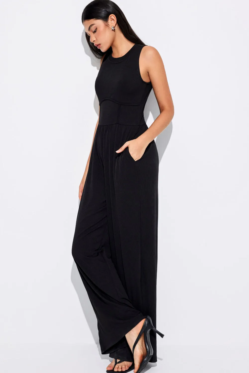 Corset Waist Sleeveless Wide Leg Jumpsuit