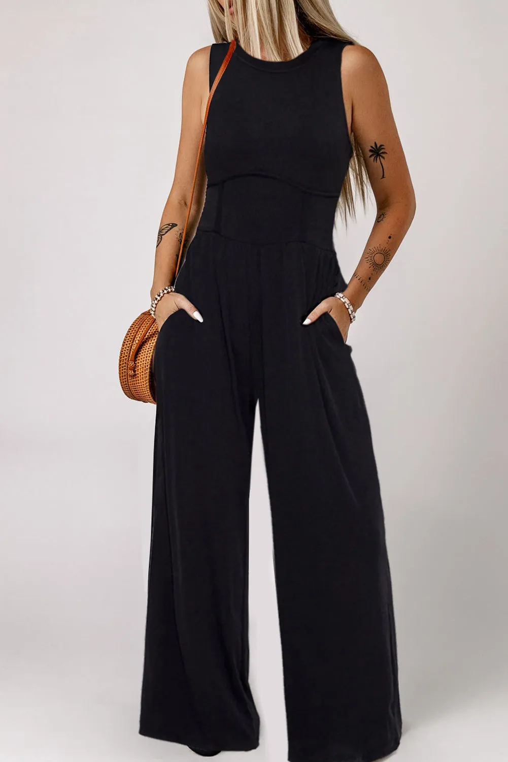 Corset Waist Sleeveless Wide Leg Jumpsuit