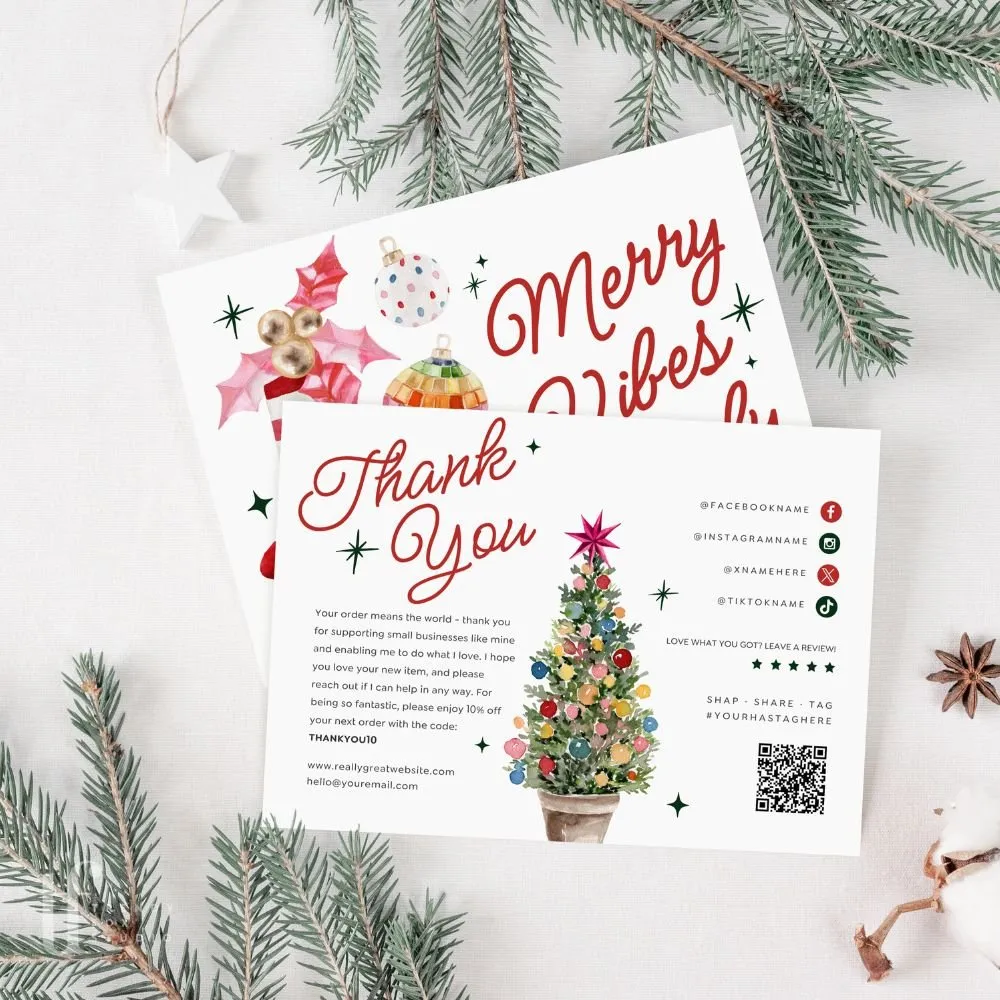Cute Kitschy Vintage Ornament Christmas Business Thank You Card Canva Template