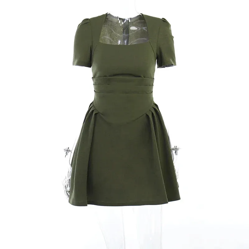 Dresses Women Folds Mini Vintage Square Collar Temper Solid French Stvle Chic A-line Fashion Summer Simple Casual Basic