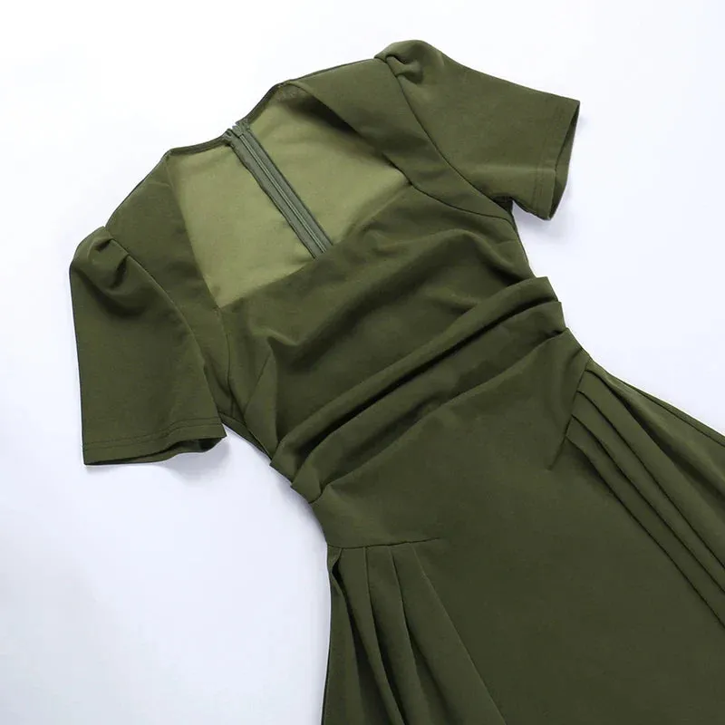 Dresses Women Folds Mini Vintage Square Collar Temper Solid French Stvle Chic A-line Fashion Summer Simple Casual Basic