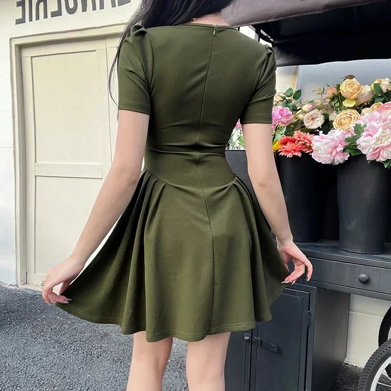 Dresses Women Folds Mini Vintage Square Collar Temper Solid French Stvle Chic A-line Fashion Summer Simple Casual Basic
