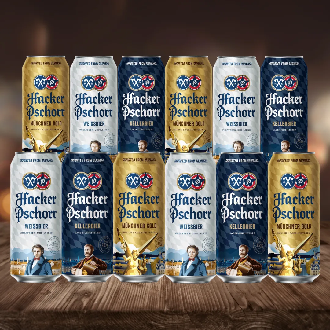 Hacker Pschorr Mixed Beer Case of German Weissbier, Kellerbier &amp; Gold Pack 500ml Cans (12 Pack)