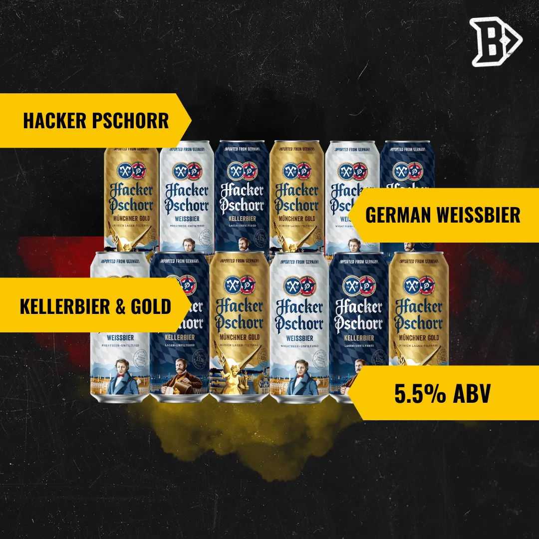 Hacker Pschorr Mixed Beer Case of German Weissbier, Kellerbier &amp; Gold Pack 500ml Cans (12 Pack)