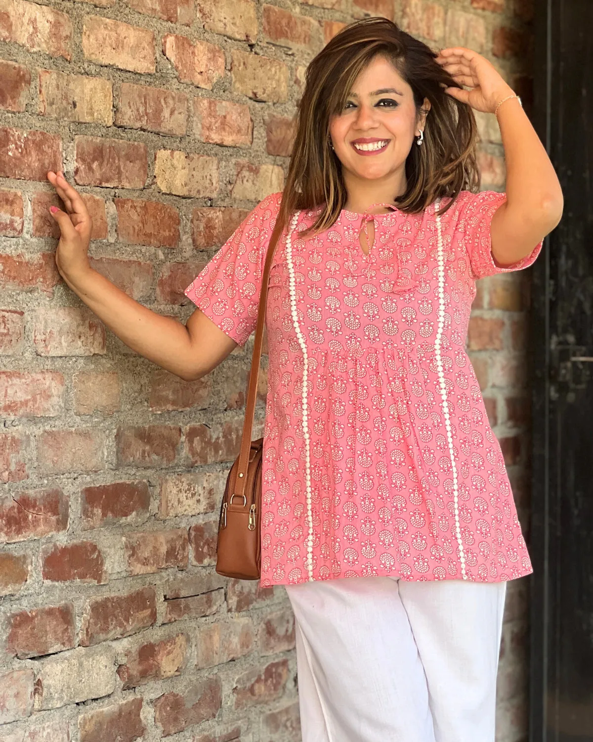 Pink Long Top With Lace Inserts