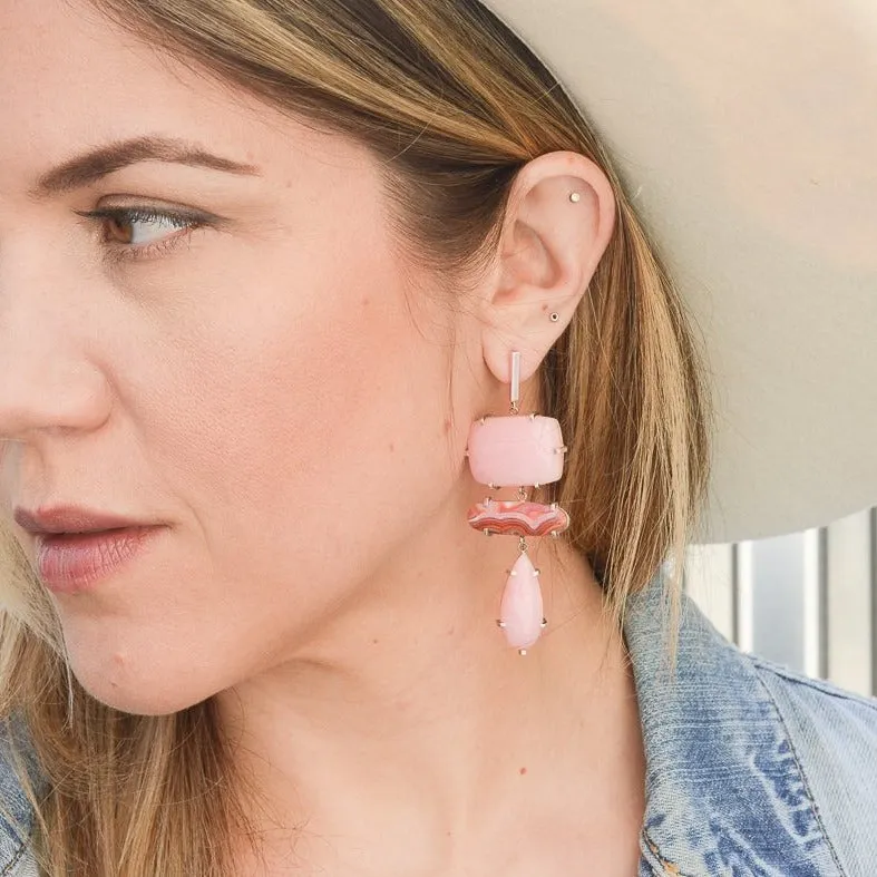 PINK OPAL & LAGUNA AGATE SILVER DROP EARRING