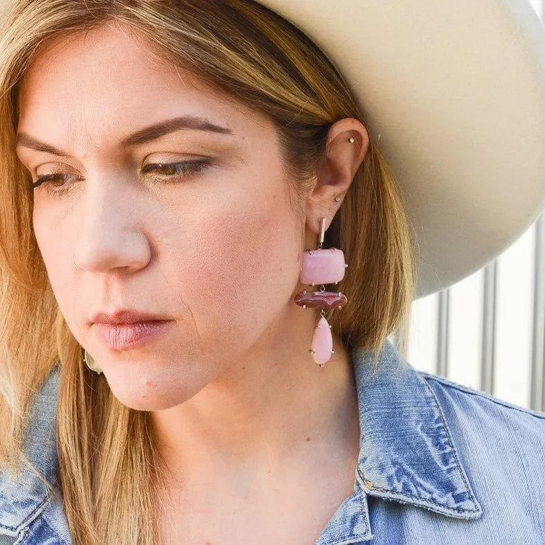 PINK OPAL & LAGUNA AGATE SILVER DROP EARRING