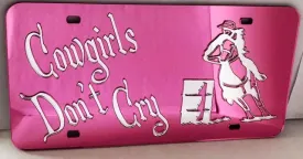 "Cowgirls Don't Cry" Barrel Racer Mirrored License Plate Pink Dark