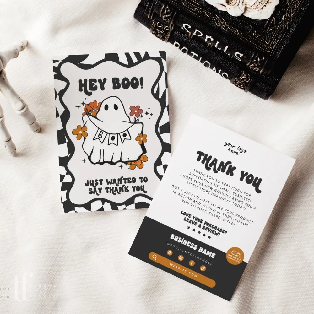 Retro Halloween Hey Boo Business Thank You Card Canva Template | Spooky Cute Ghost