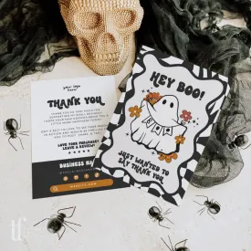 Retro Halloween Hey Boo Business Thank You Card Canva Template | Spooky Cute Ghost