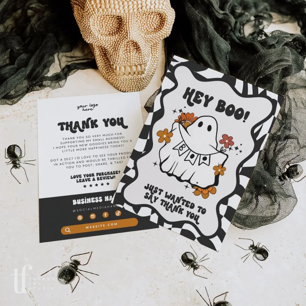 Retro Halloween Hey Boo Business Thank You Card Canva Template | Spooky Cute Ghost