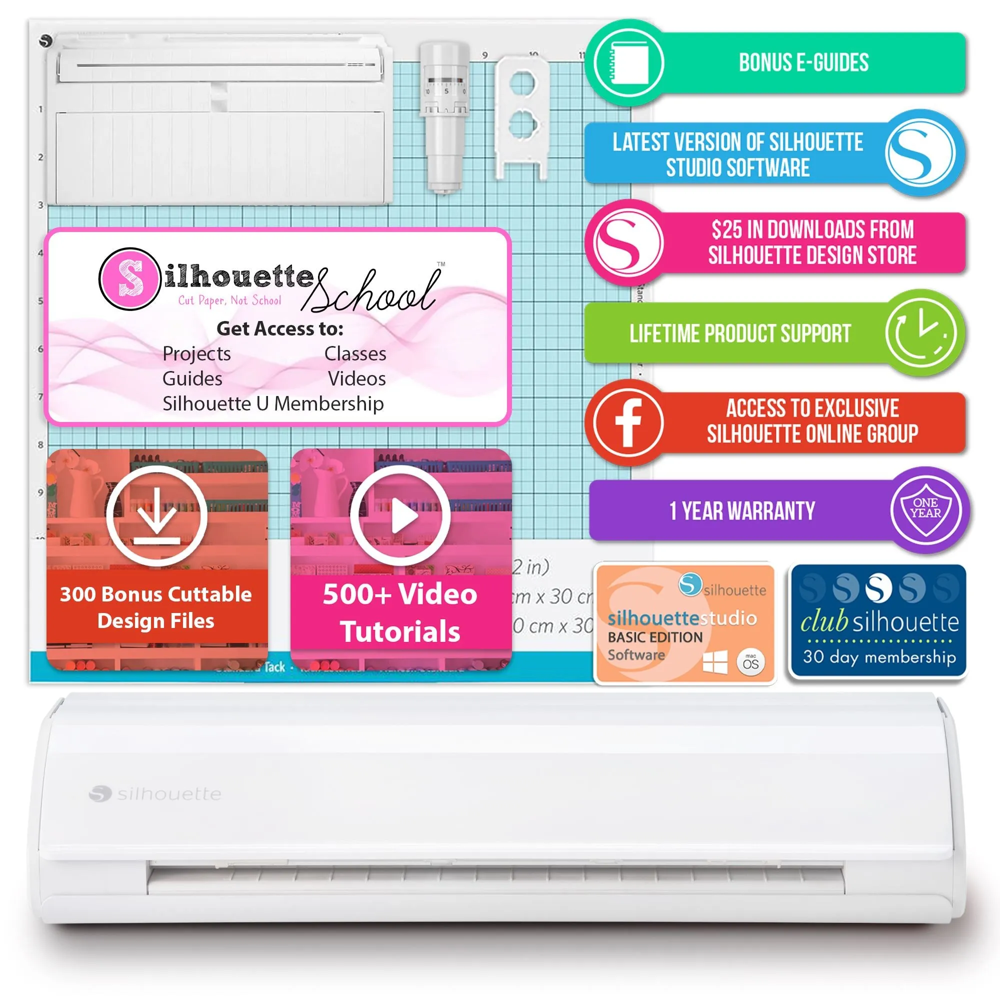 Silhouette White Cameo 5 w/ 64 Oracal Vinyl Sheets, Blades, Tools, Guides