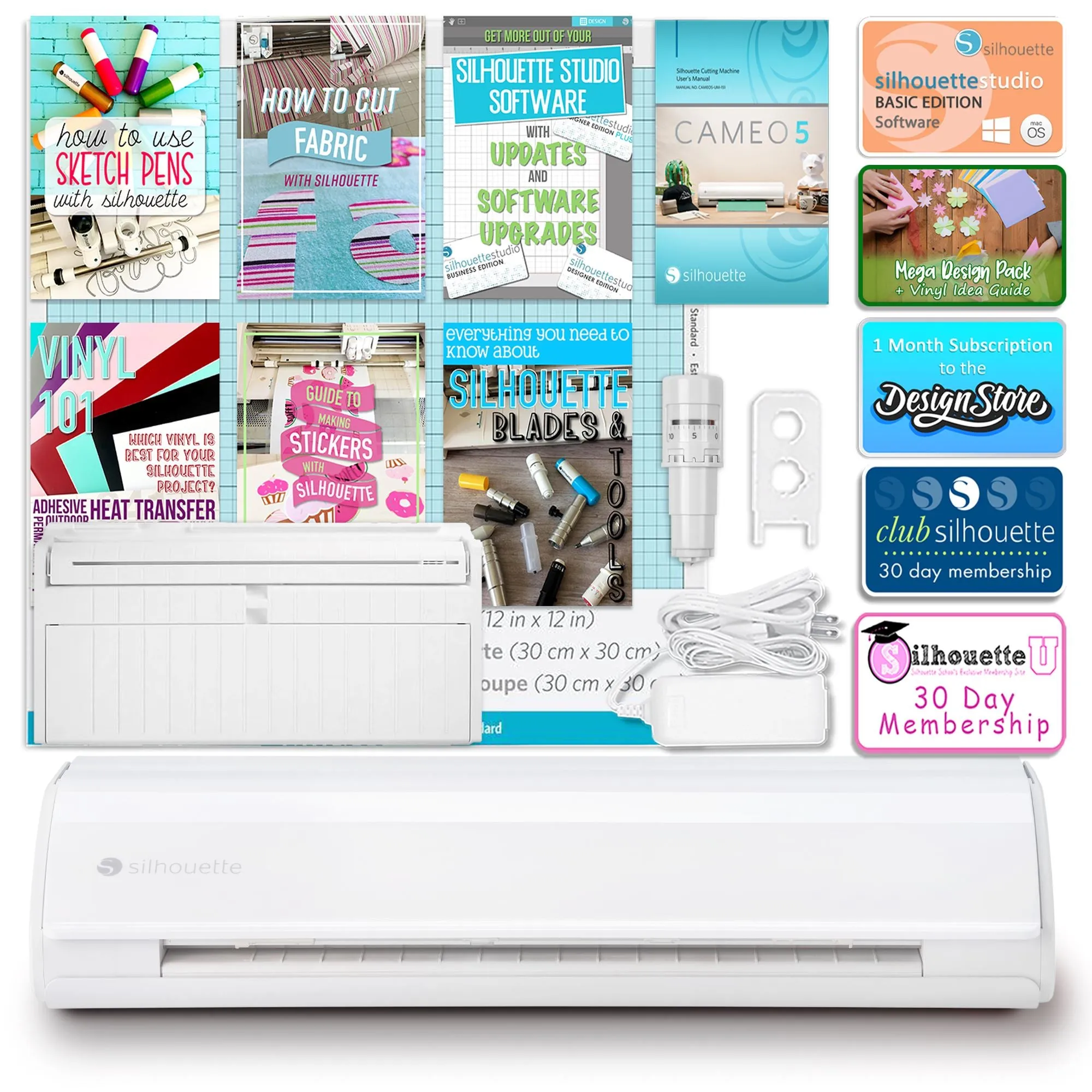 Silhouette White Cameo 5 w/ 64 Oracal Vinyl Sheets, Blades, Tools, Guides
