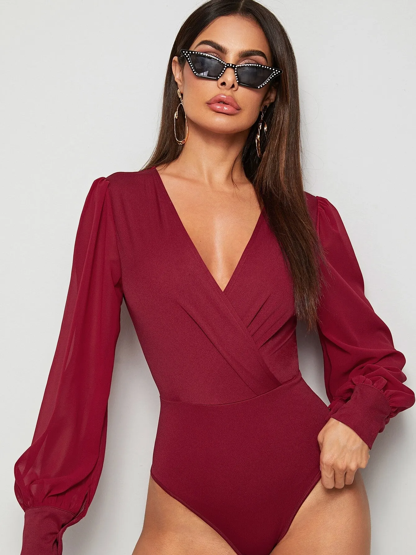 Surplice Neck Contrast Mesh Wrap Bodysuit