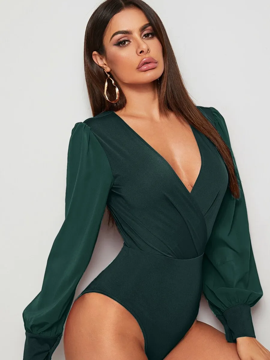 Surplice Neck Contrast Mesh Wrap Bodysuit