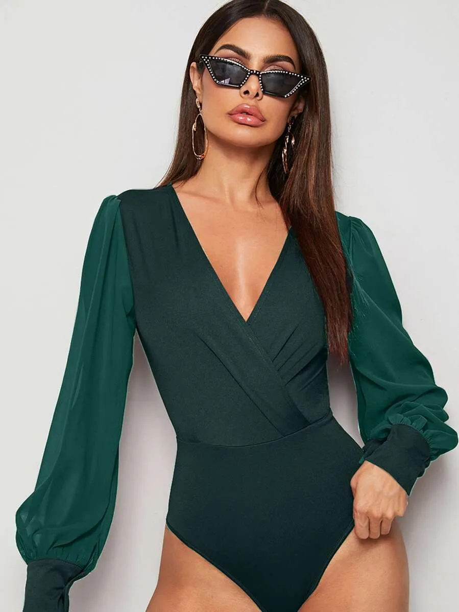Surplice Neck Contrast Mesh Wrap Bodysuit