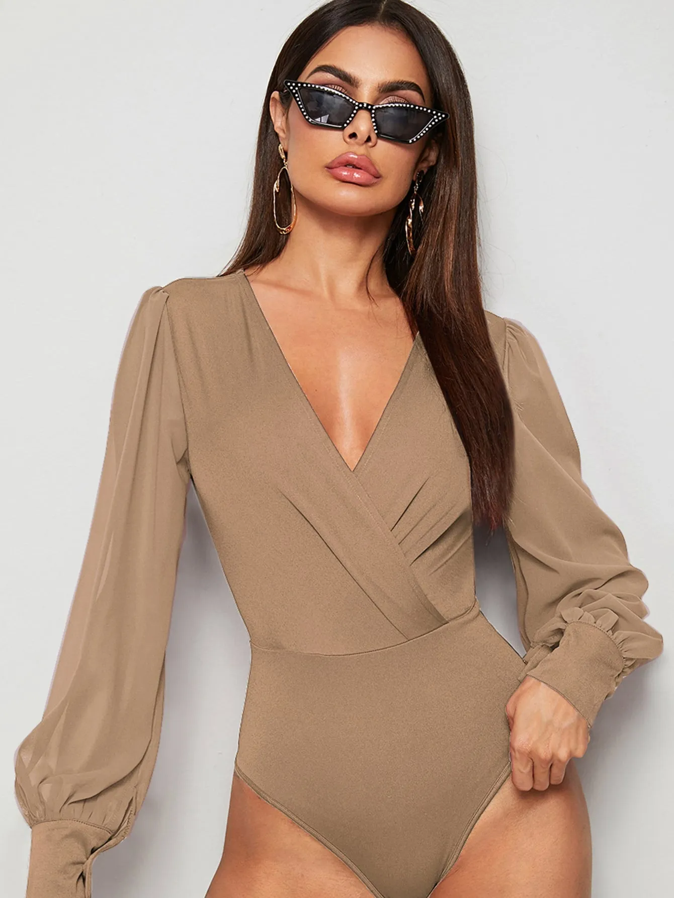 Surplice Neck Contrast Mesh Wrap Bodysuit