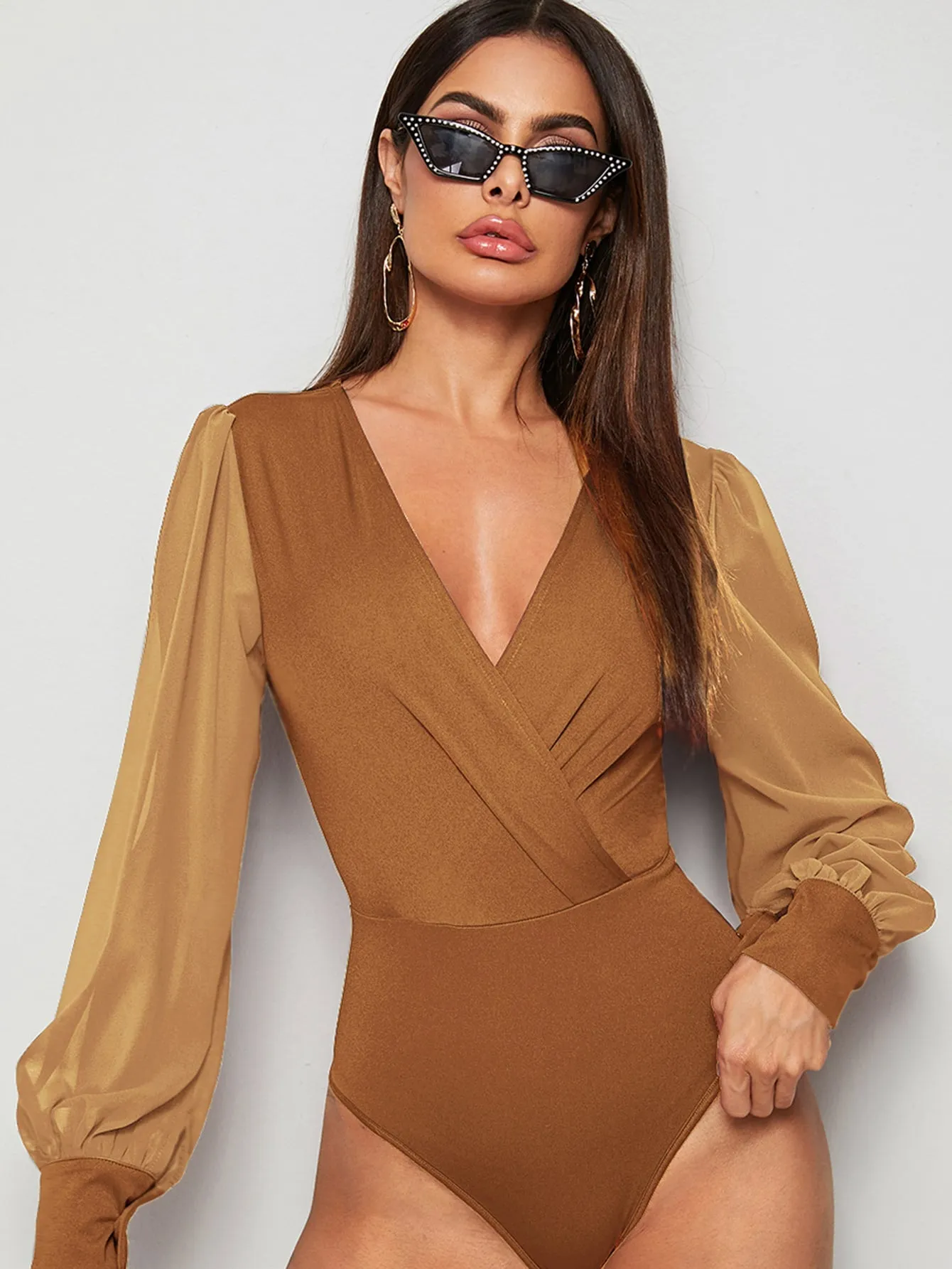 Surplice Neck Contrast Mesh Wrap Bodysuit