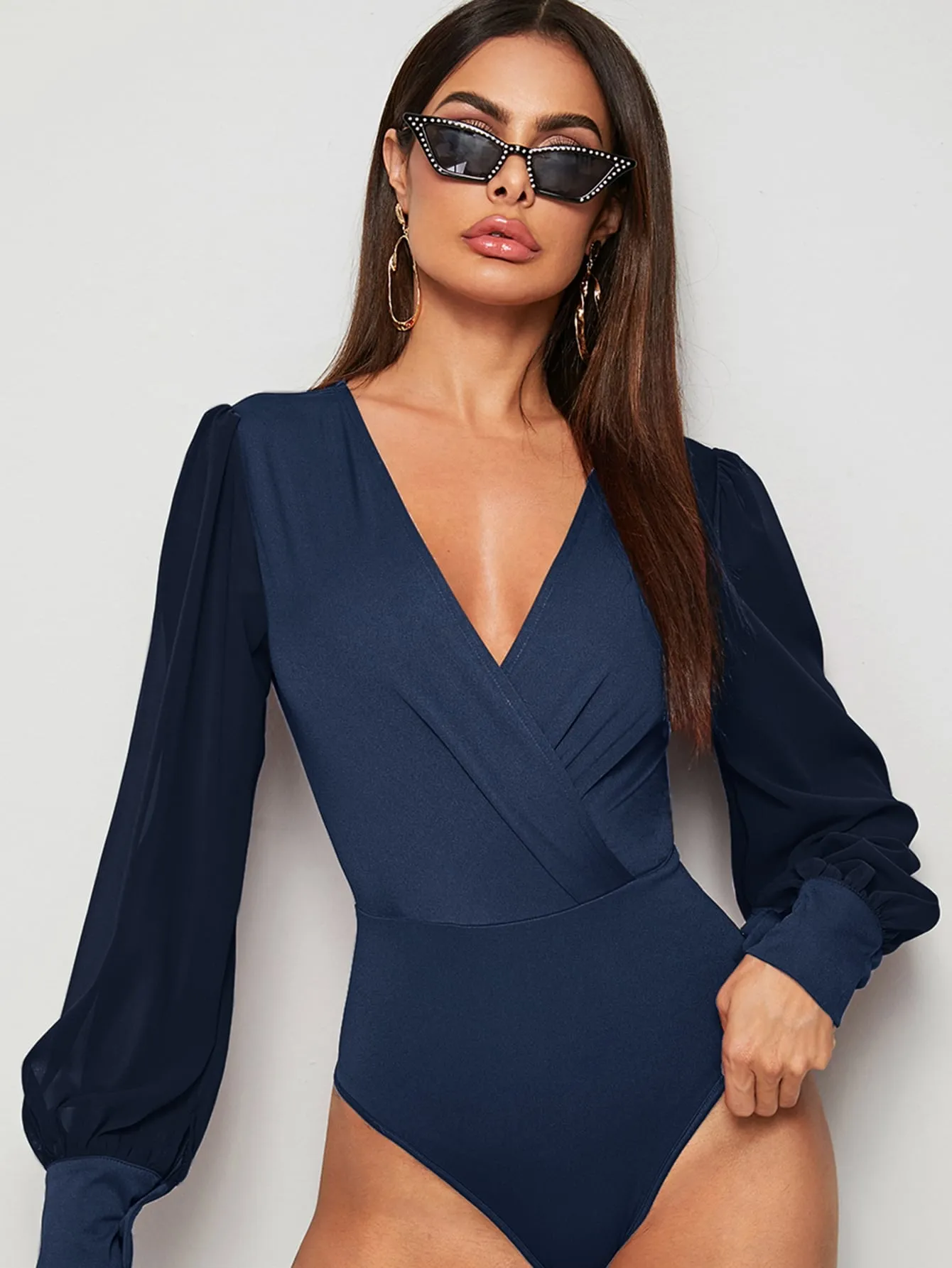Surplice Neck Contrast Mesh Wrap Bodysuit