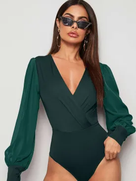 Surplice Neck Contrast Mesh Wrap Bodysuit
