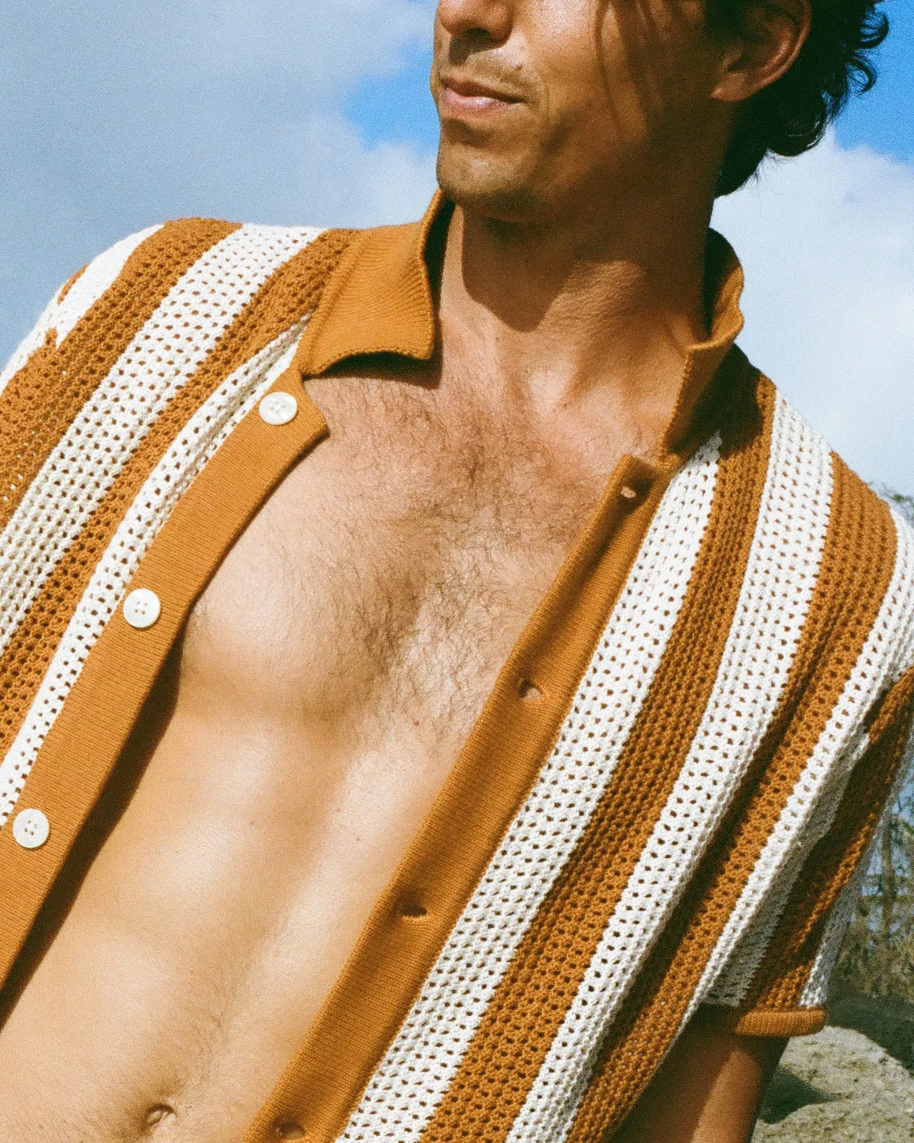 The Dominica Crochet Shirt - Burnt Sienna Stripe