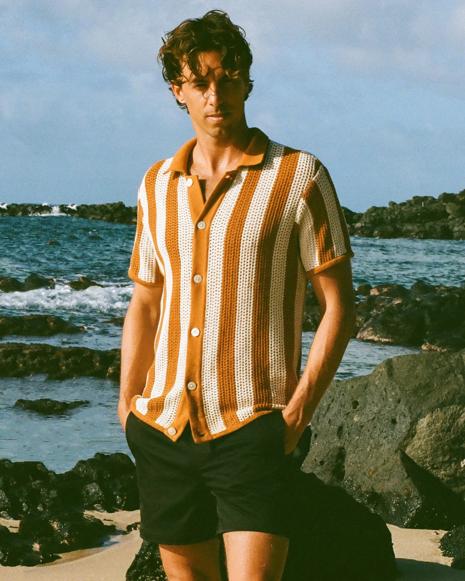 The Dominica Crochet Shirt - Burnt Sienna Stripe