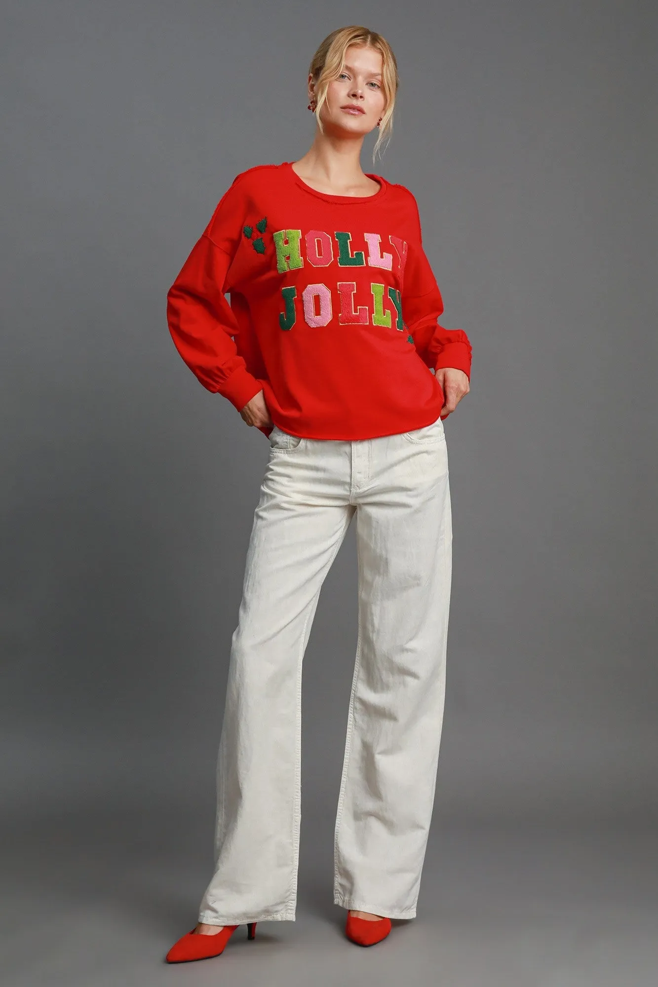 Umgee "HOLLY JOLLY" Letter Patched French Terry Top in Red