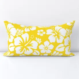 White Hawaiian Flowers on Yellow Lumbar Throw Pillow