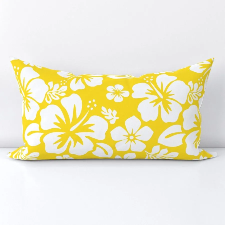 White Hawaiian Flowers on Yellow Lumbar Throw Pillow